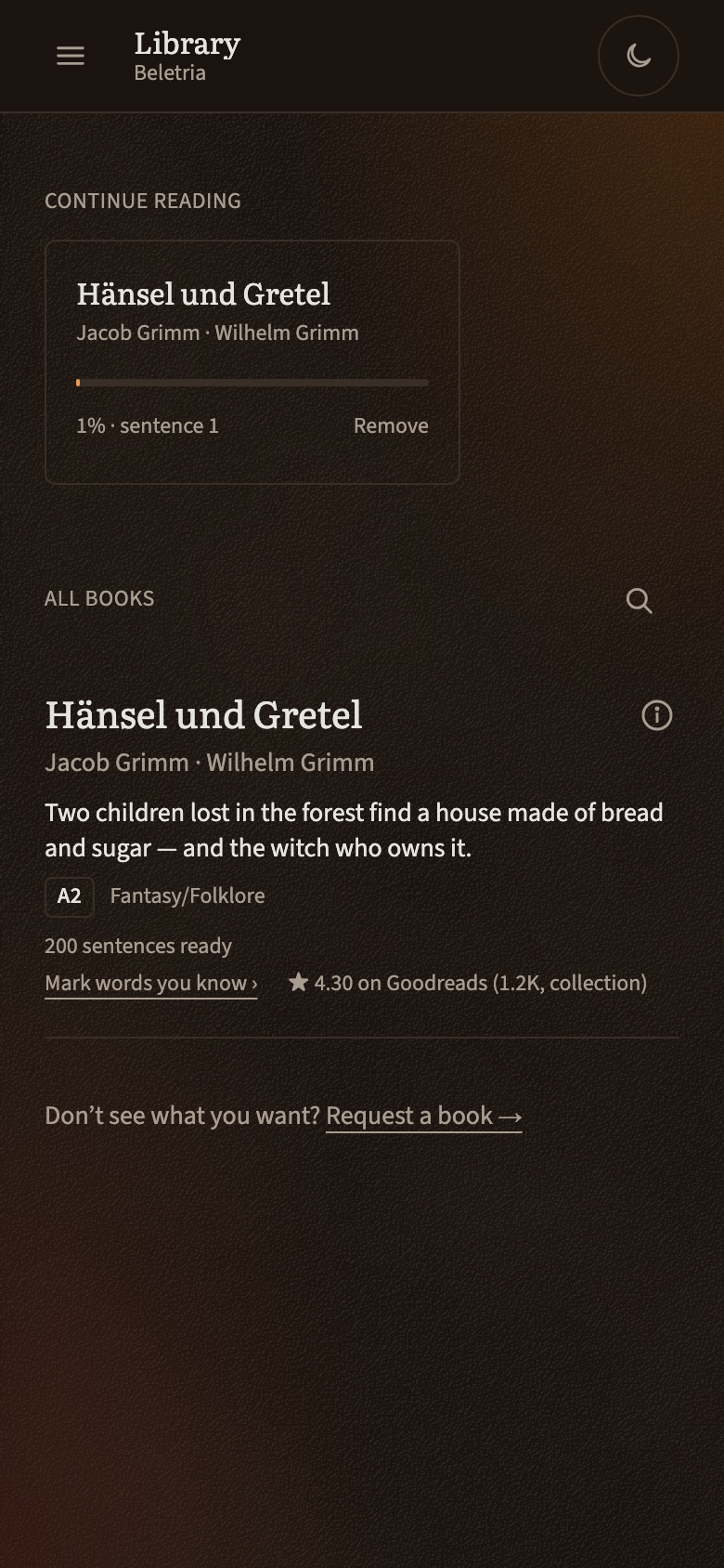 The library: a Continue reading card, then every book with a line about it, its CEFR level, genre, how many sentences are ready and its Goodreads rating