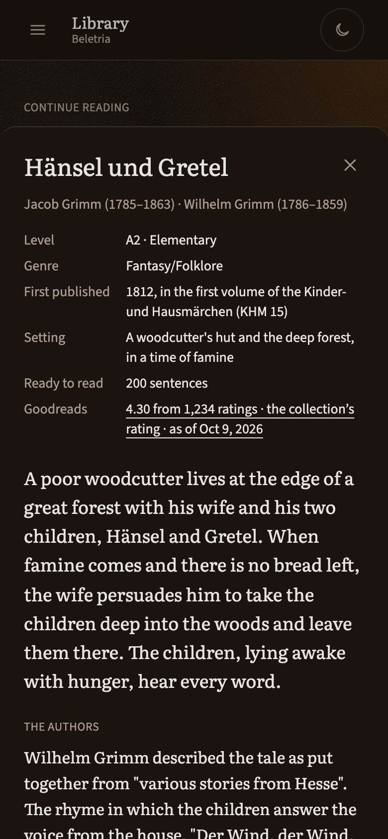 The page about a book: its authors with their years, level, first publication, setting and Goodreads rating, then a summary of the opening