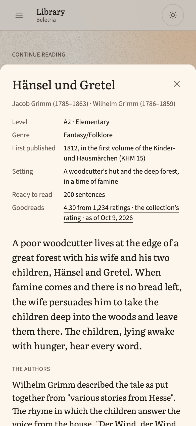 The page about a book: its authors with their years, level, first publication, setting and Goodreads rating, then a summary of the opening