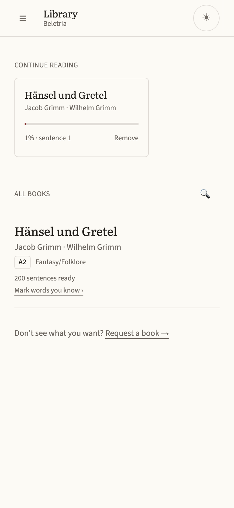 The library: book cards with a difficulty and how many of the words you already know