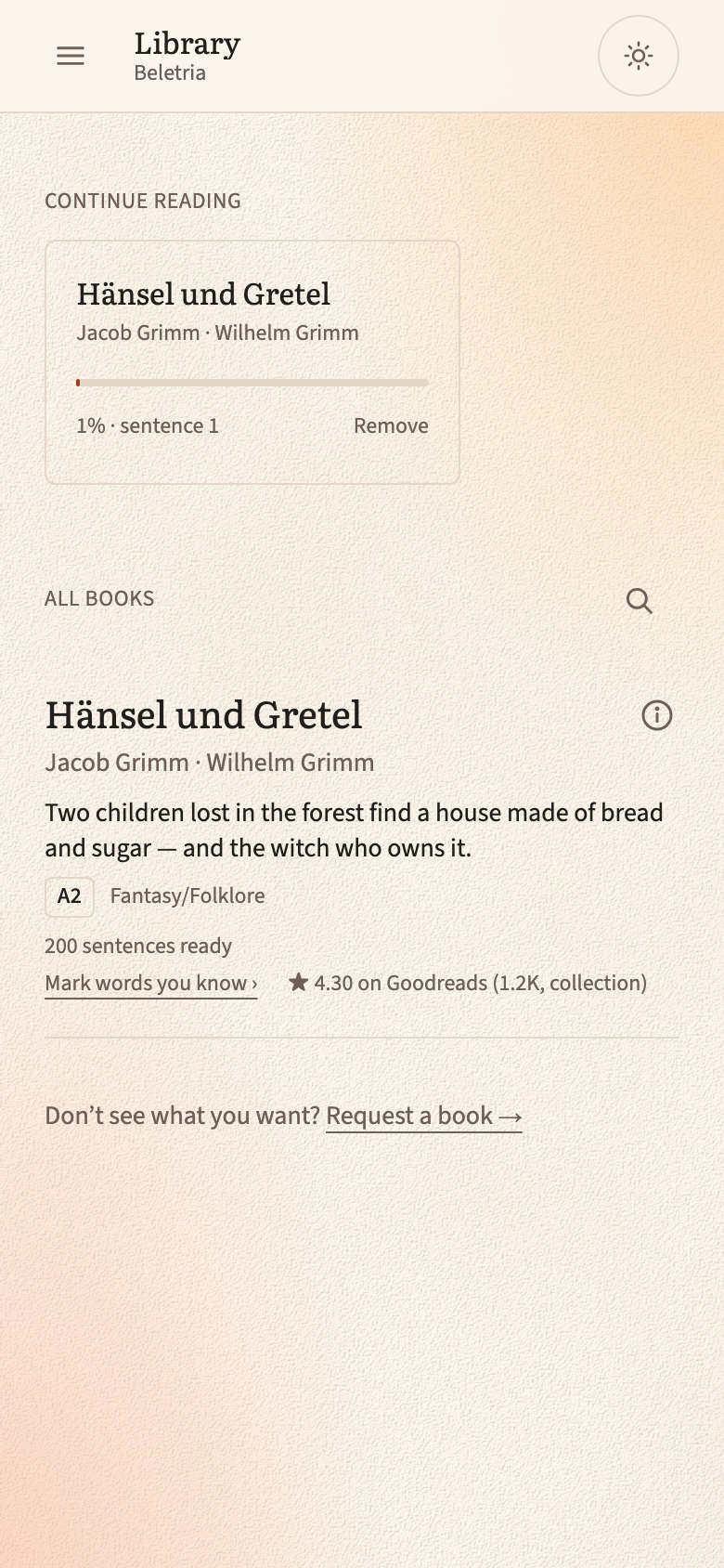 The library: a Continue reading card, then every book with a line about it, its CEFR level, genre, how many sentences are ready and its Goodreads rating