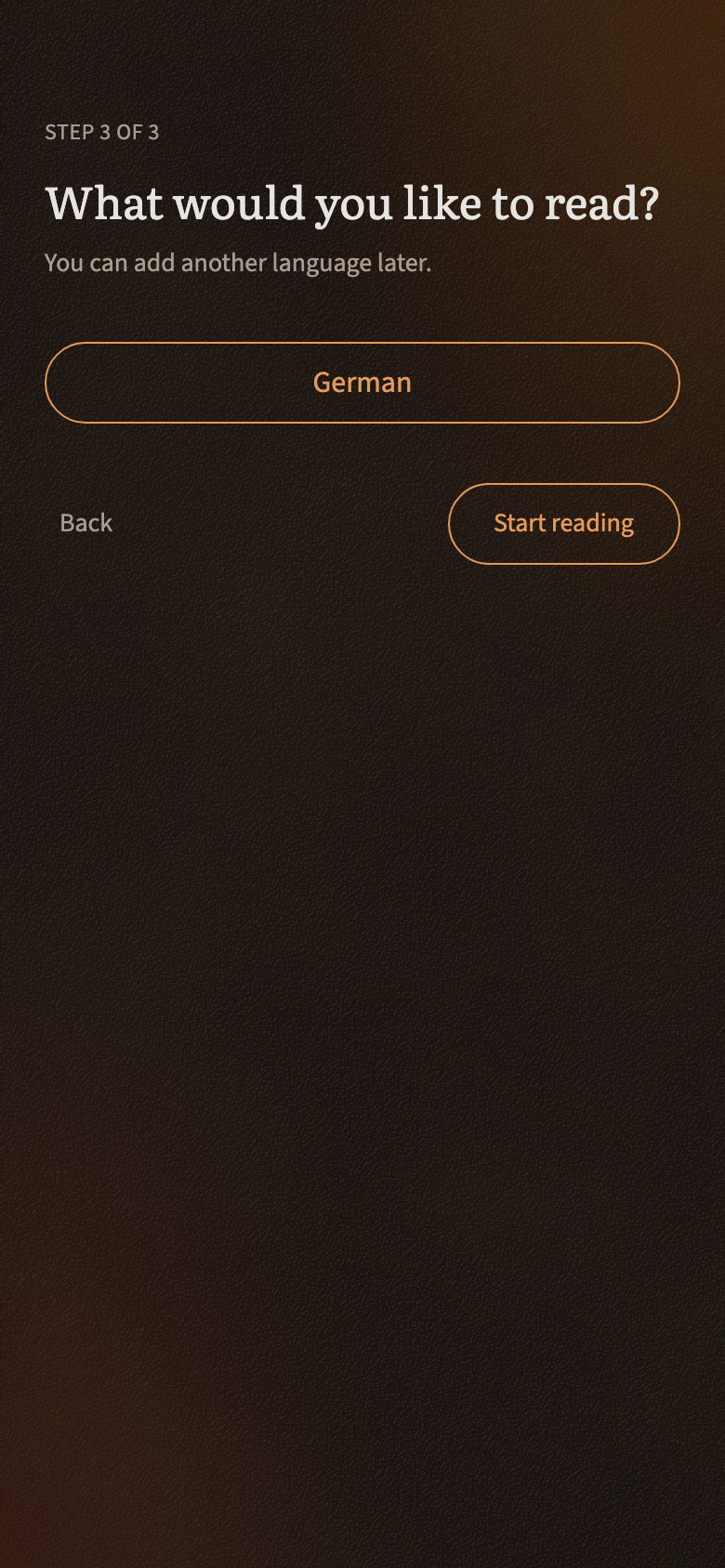 The last setup screen, asking which language to read, with German chosen