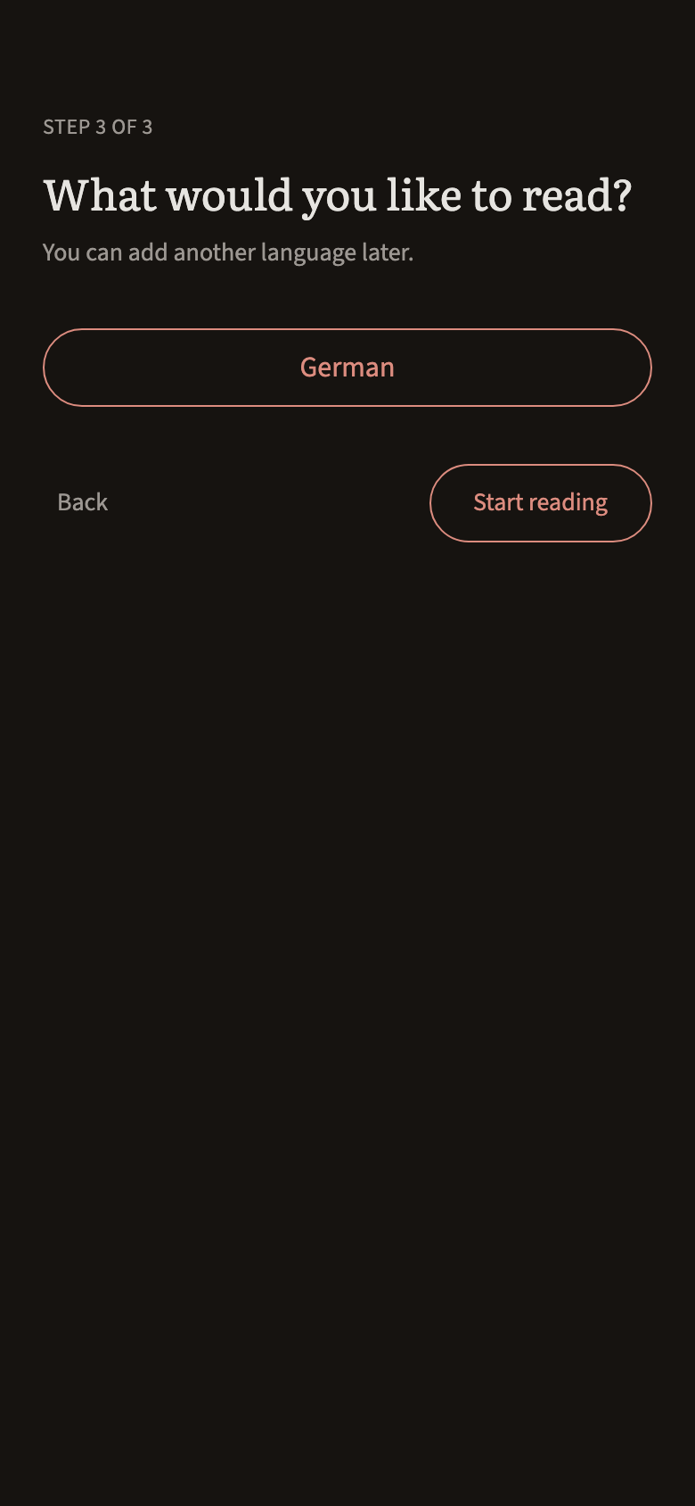 The last setup screen, asking which language to read, with German chosen