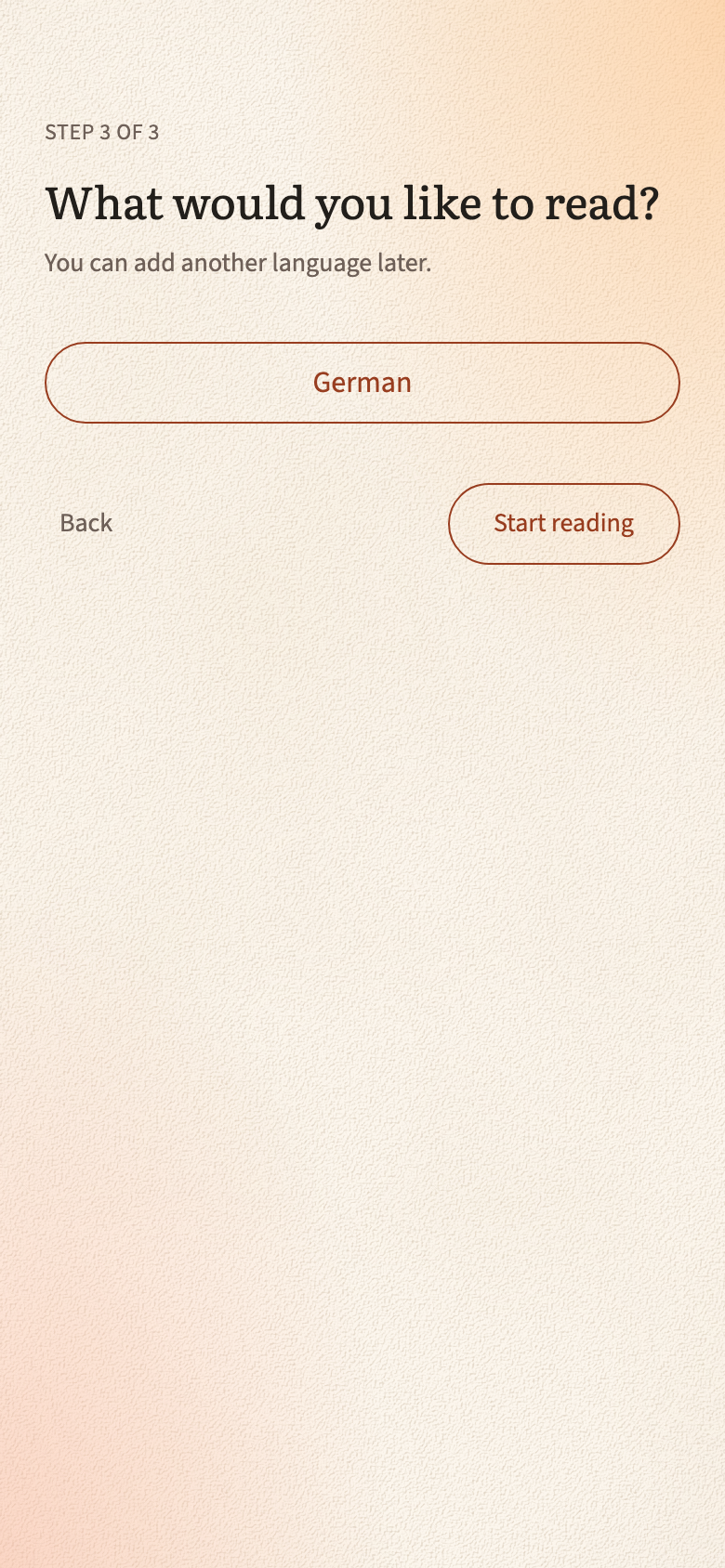 The last setup screen, asking which language to read, with German chosen