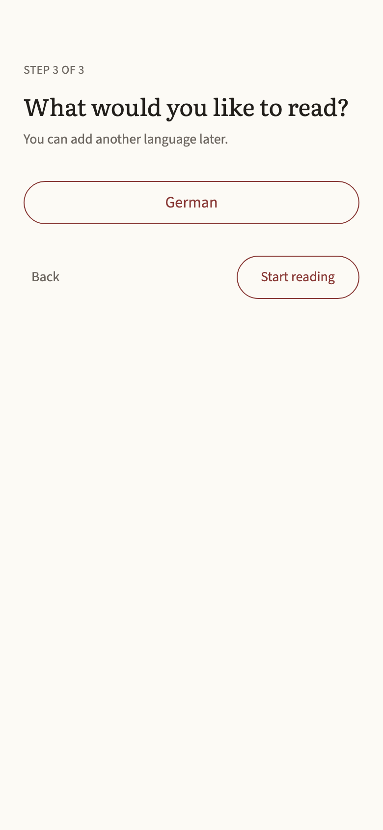 The last setup screen, asking which language to read, with German chosen