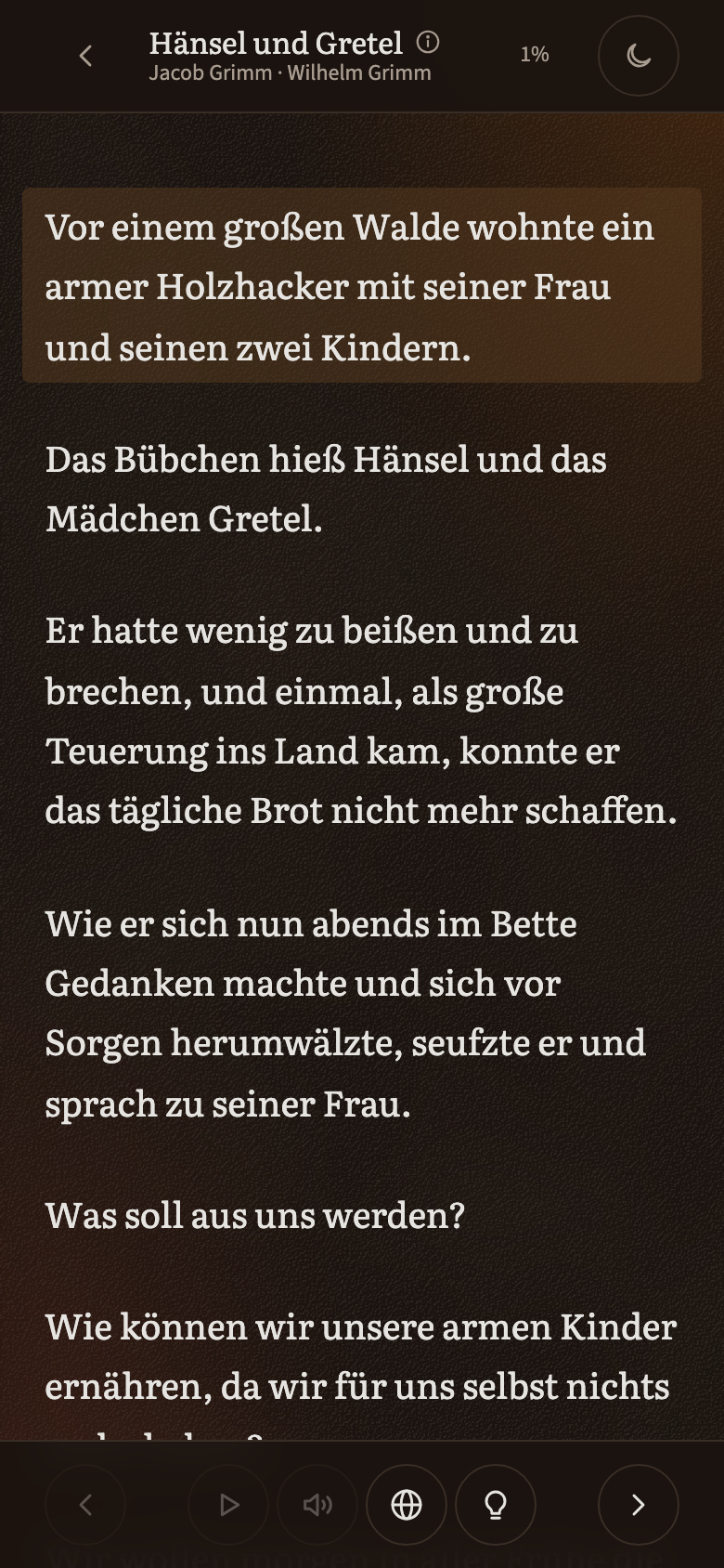The reader: a page of German with the current sentence tinted