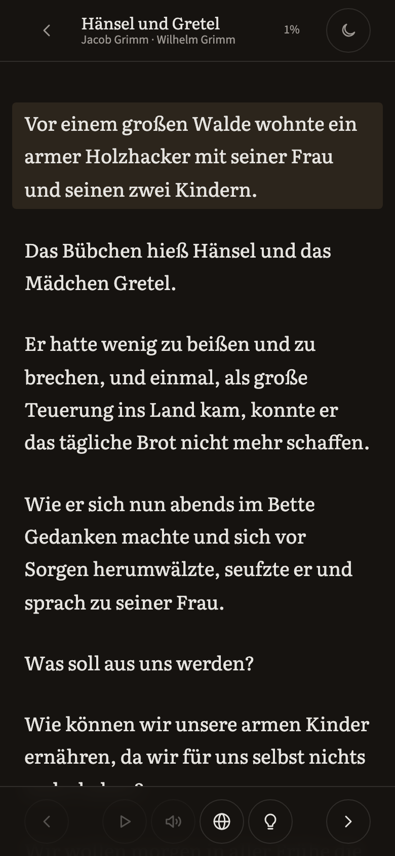 The reader: a page of German with the current sentence tinted