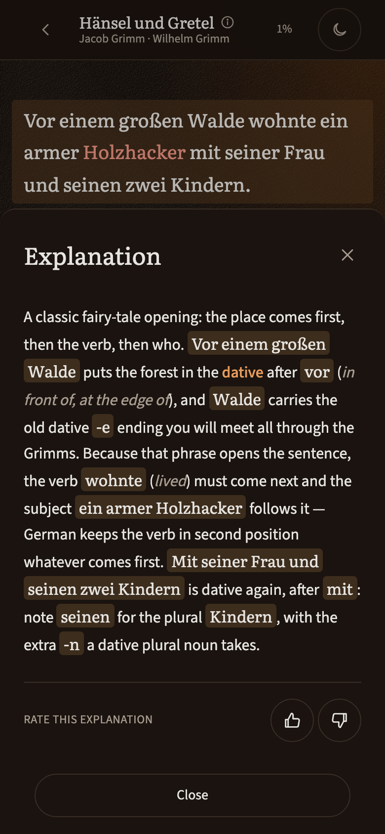 The explanation sheet: a short note on the word order and cases in the current sentence