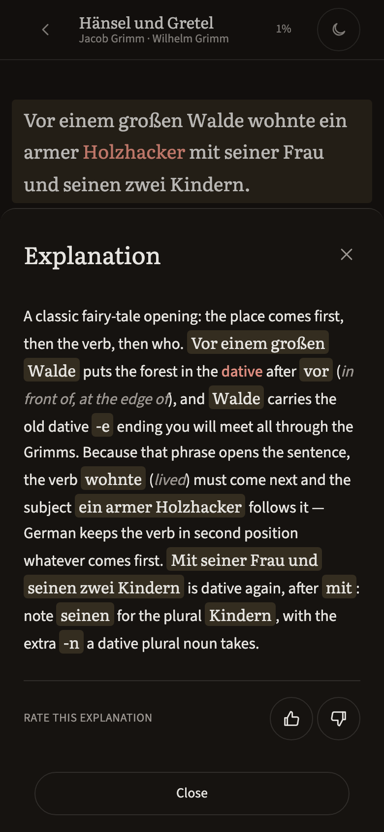 The explanation sheet: a short note on the word order and cases in the current sentence