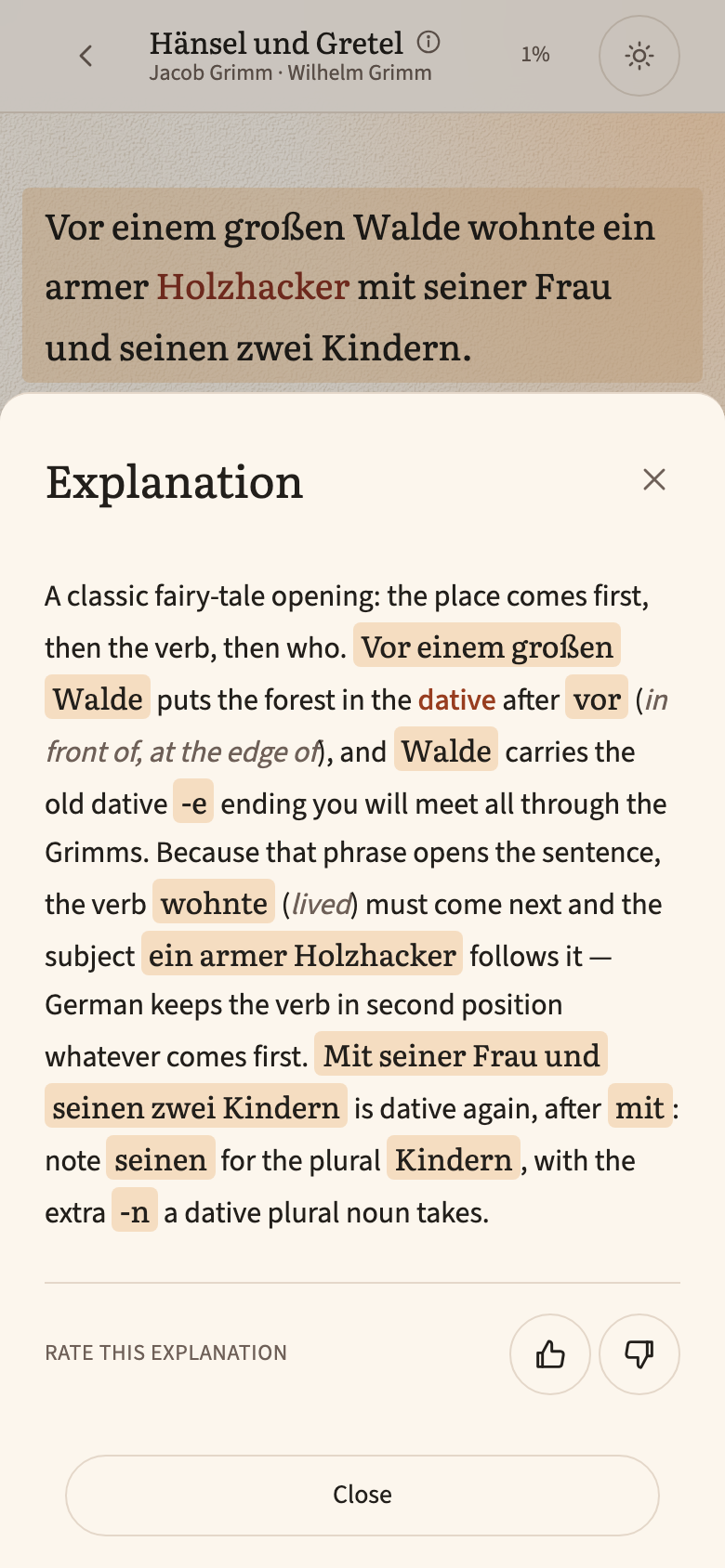 The explanation sheet: a short note on the word order and cases in the current sentence