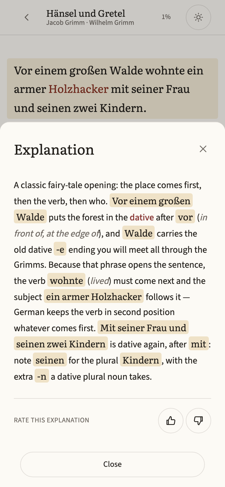 The explanation sheet: a short note on the word order and cases in the current sentence