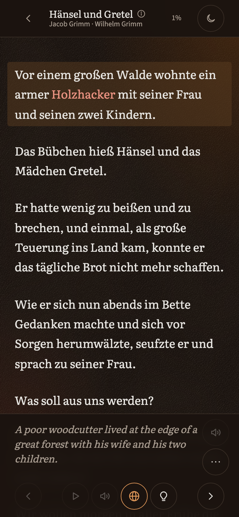 The reader with the sentence’s translation shown beneath it