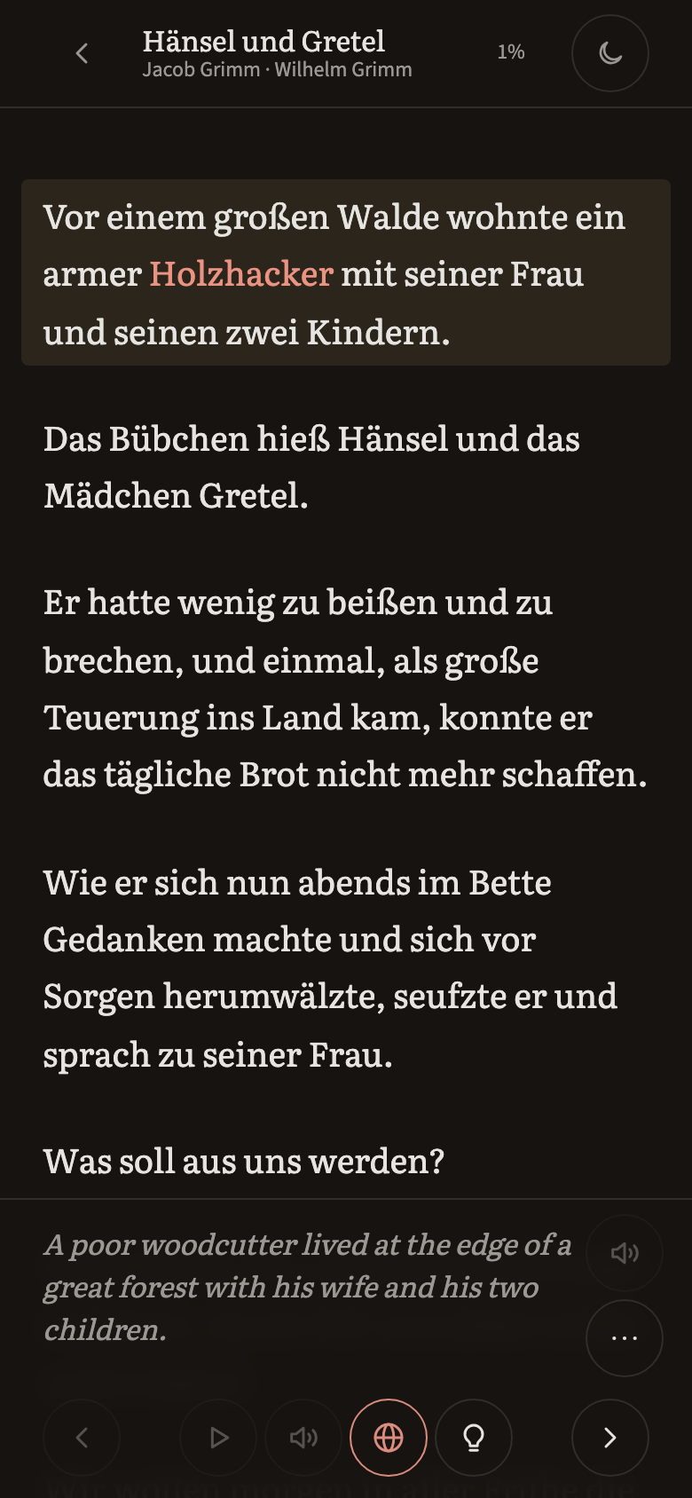 The reader with the sentence’s translation shown beneath it