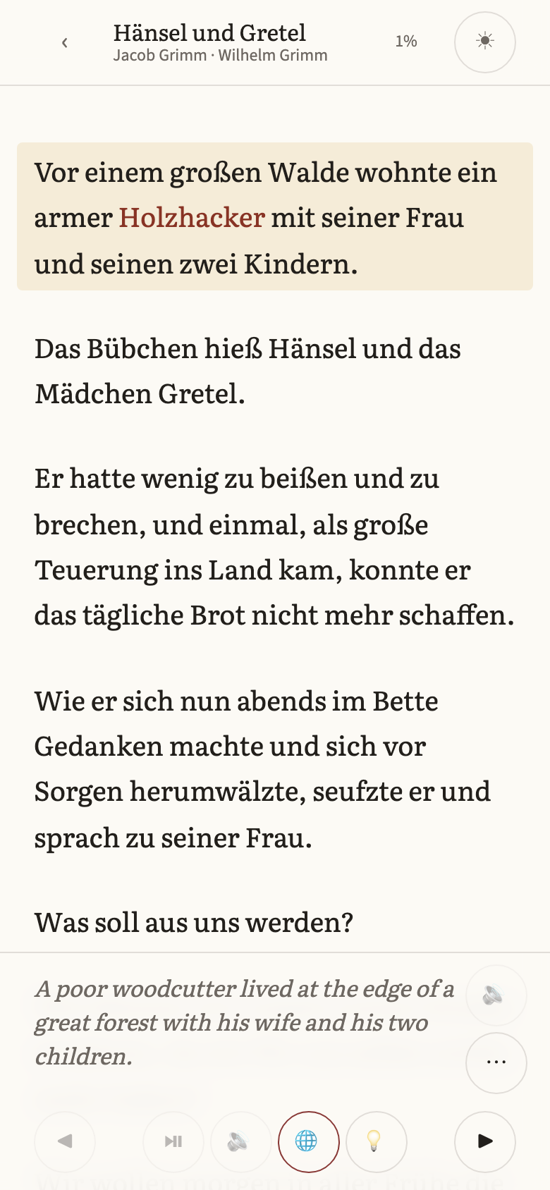 The reader with the sentence’s translation shown beneath it