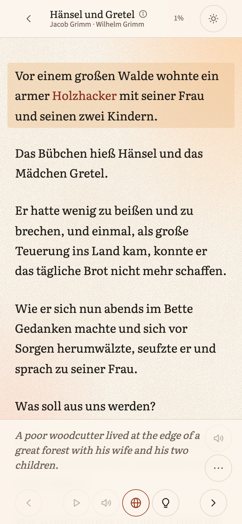 The reader with the sentence’s translation shown beneath it