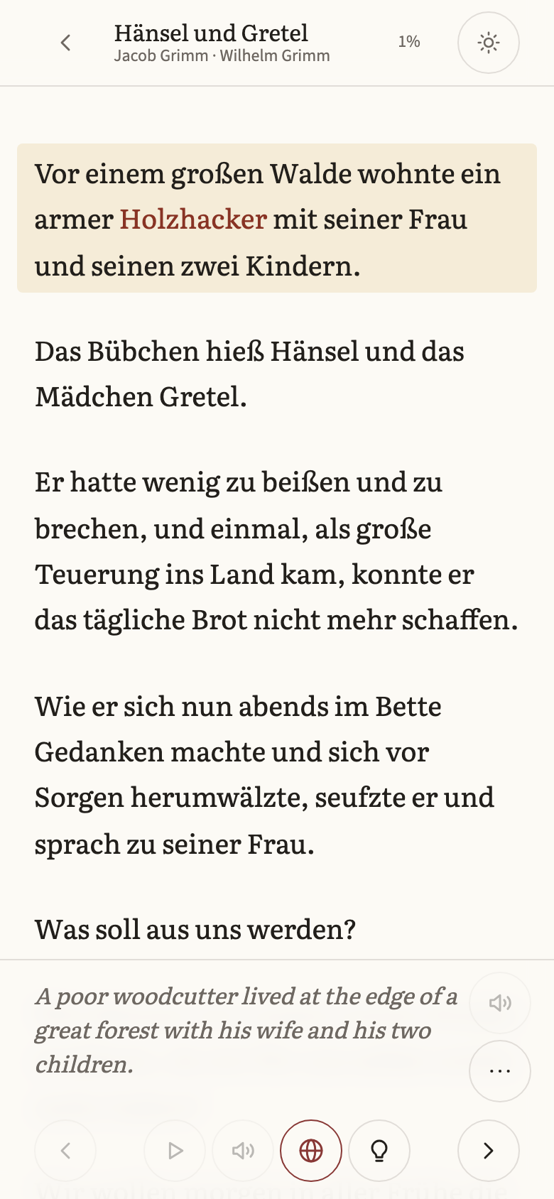 The reader with the sentence’s translation shown beneath it
