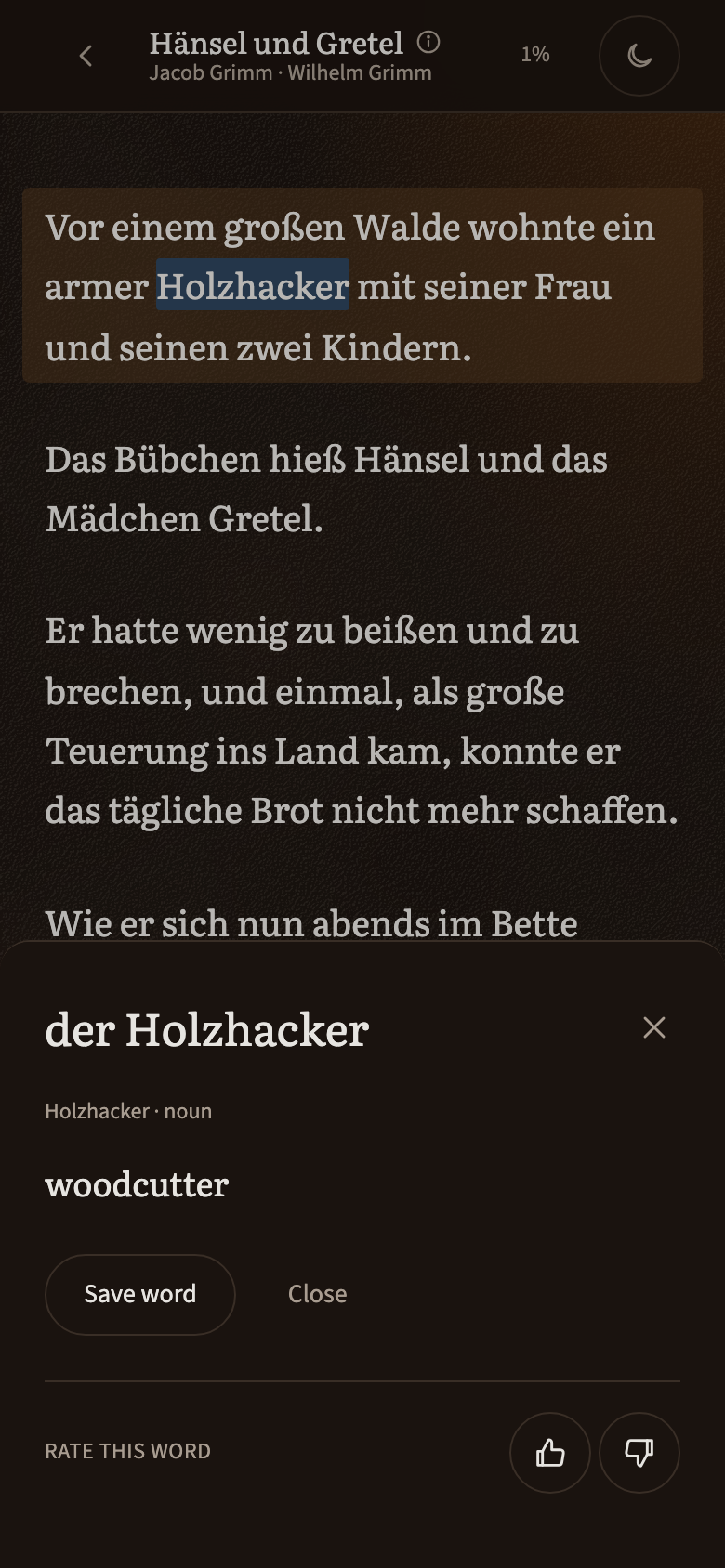 The Beletria reader on a phone: a German sentence with one word tapped, and a card explaining it
