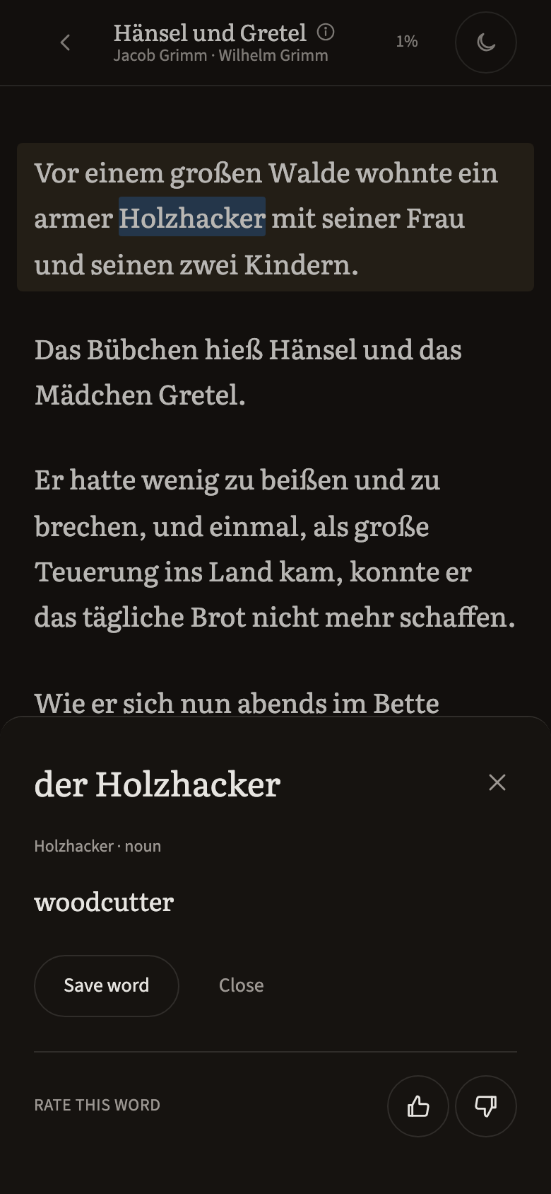 The Beletria reader on a phone: a German sentence with one word tapped, and a card explaining it