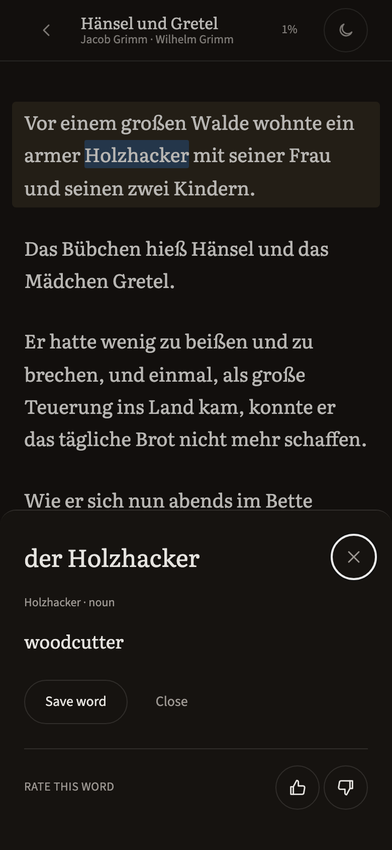 The Beletria reader on a phone: a German sentence with one word tapped, and a card explaining it
