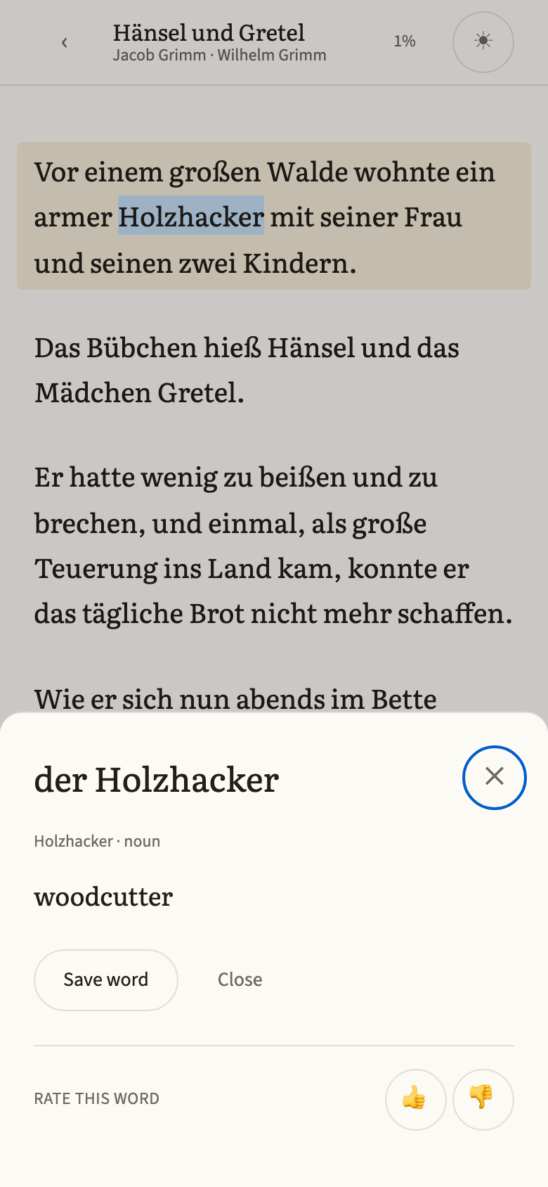 The Beletria reader on a phone: a German sentence with one word tapped, and a card explaining it