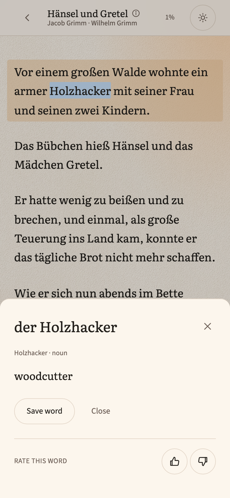 The Beletria reader on a phone: a German sentence with one word tapped, and a card explaining it