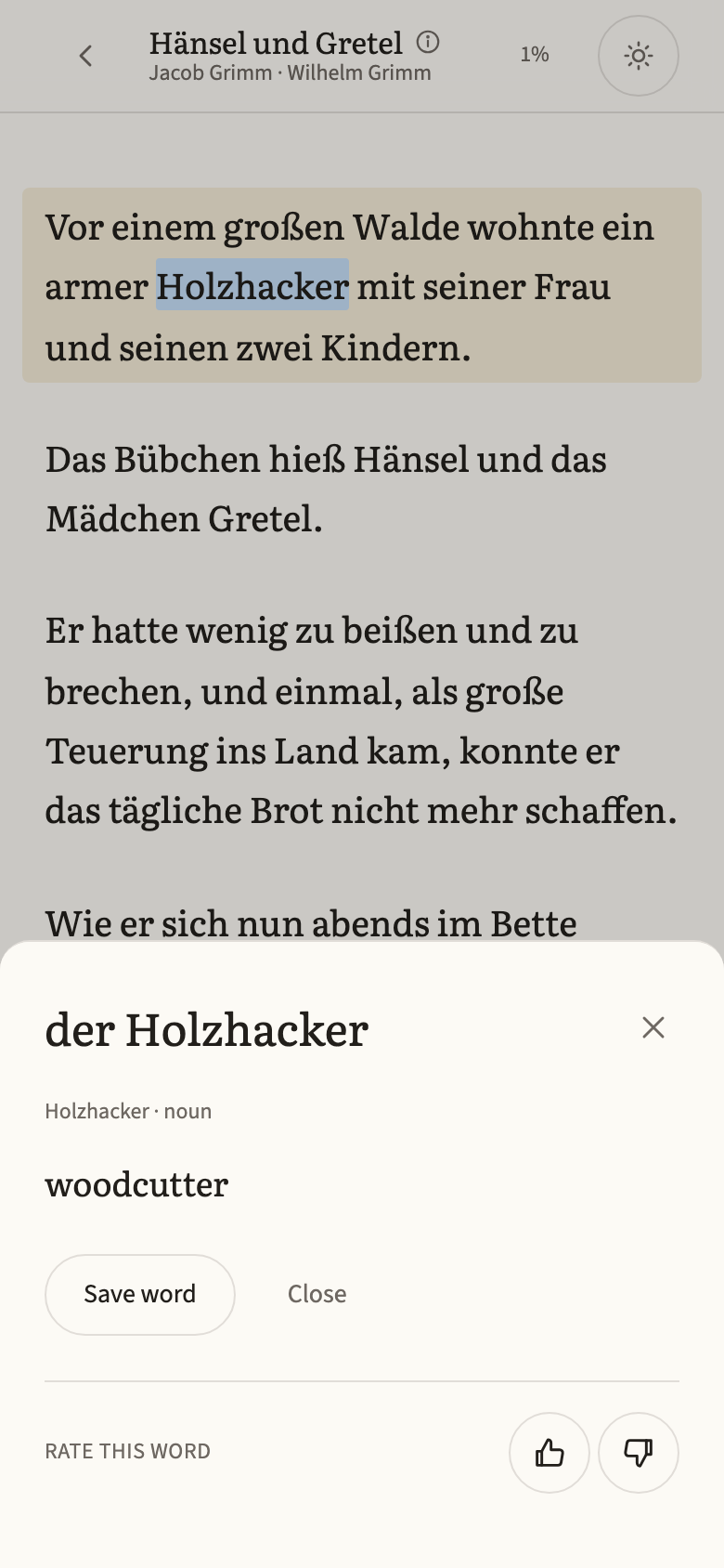 The Beletria reader on a phone: a German sentence with one word tapped, and a card explaining it
