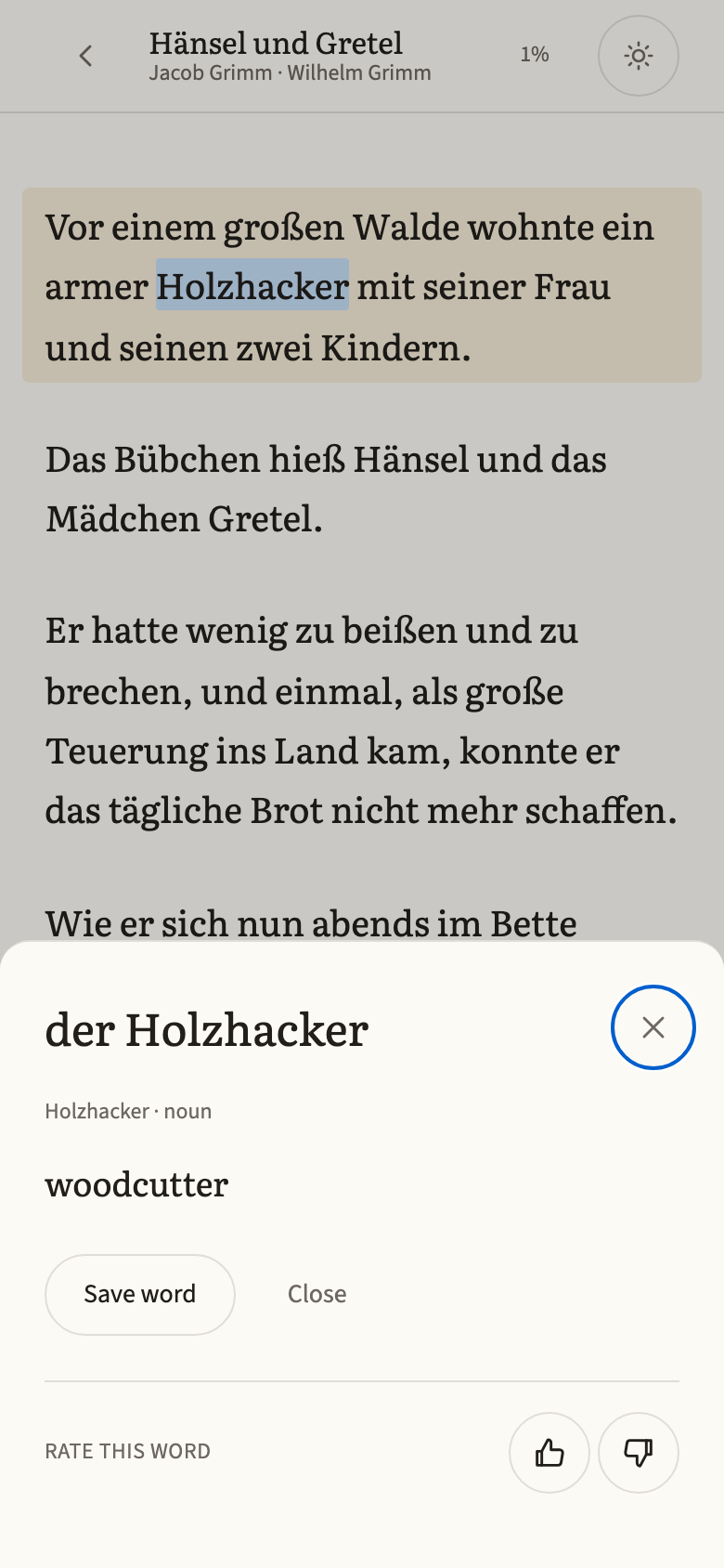 The Beletria reader on a phone: a German sentence with one word tapped, and a card explaining it