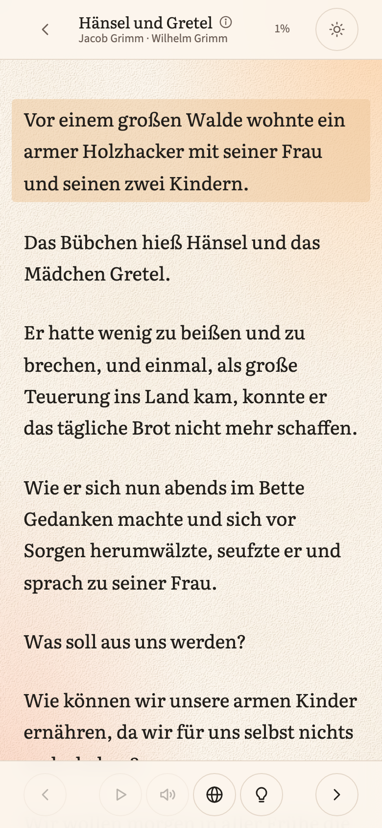 The reader: a page of German with the current sentence tinted