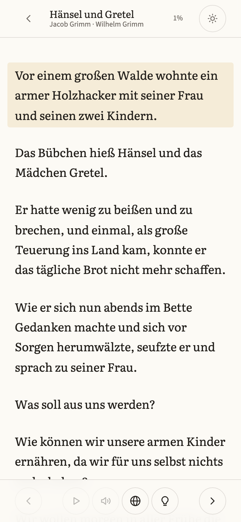 The reader: a page of German with the current sentence tinted